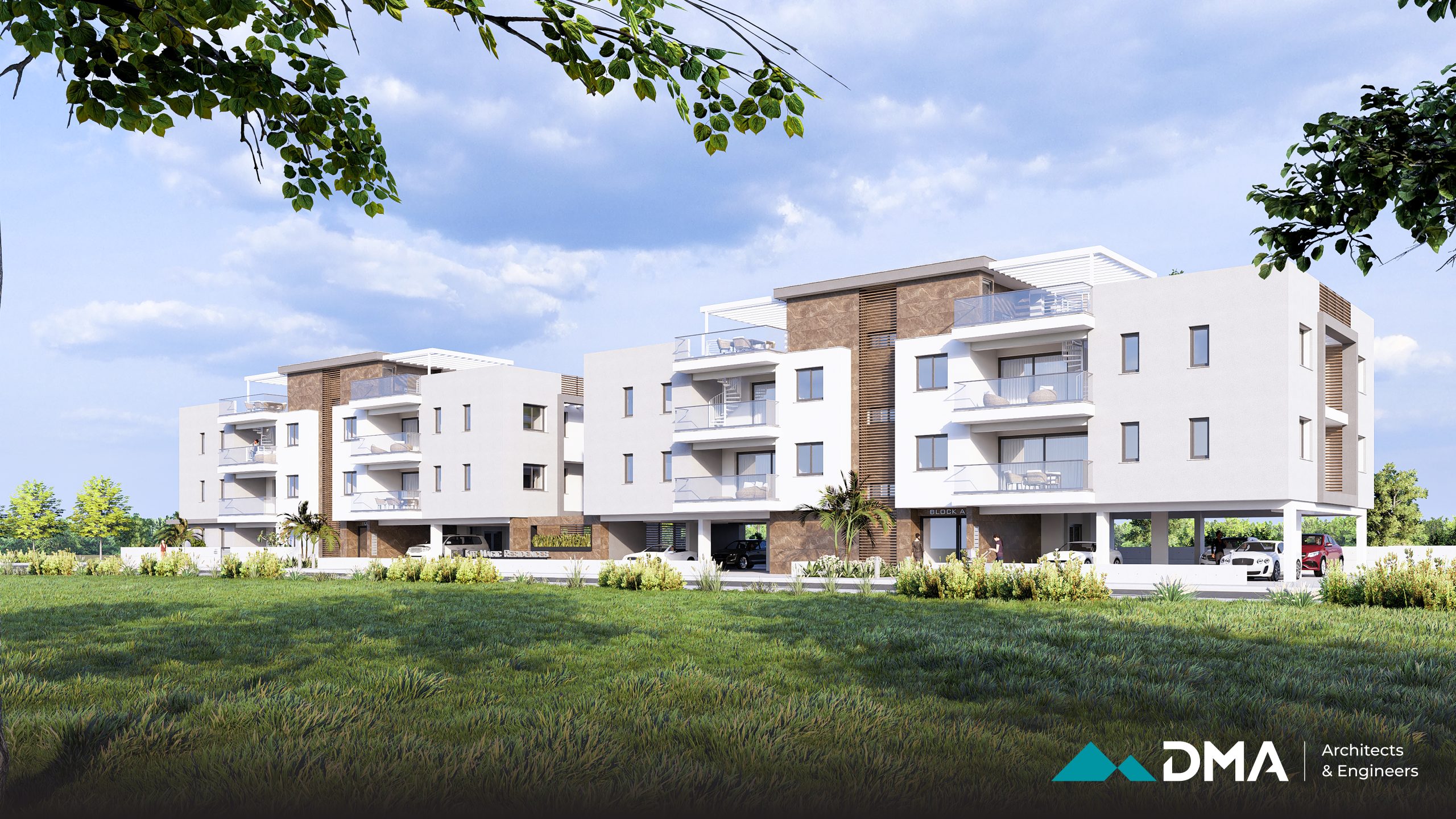 הדמיה אדריכלית של פרויקט Kiti Magic Residences בקפריסין – מבני מגורים מודרניים בעיצוב מינימליסטי עם מרפסות וגינה פתוחה