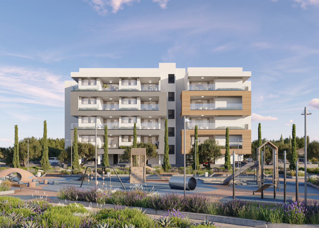 חזית הבניין בפרויקט Carisa Melora Park עם גן משחקים מעוצב בליבדיה, לרנקה