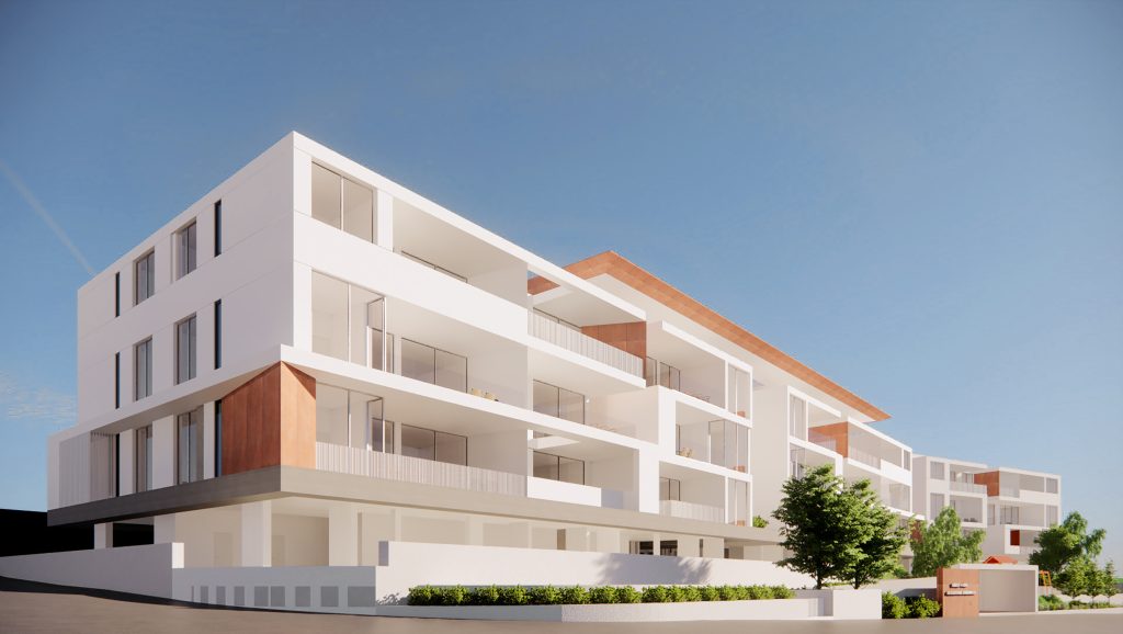 הדמיה של בניין מגורים מודרני בפרויקט Seven Residences בלימסול, קפריסין – חזית לבנה עם פרטים בגוון עץ, מוקף בצמחייה ירוקה תחת שמיים כחולים.