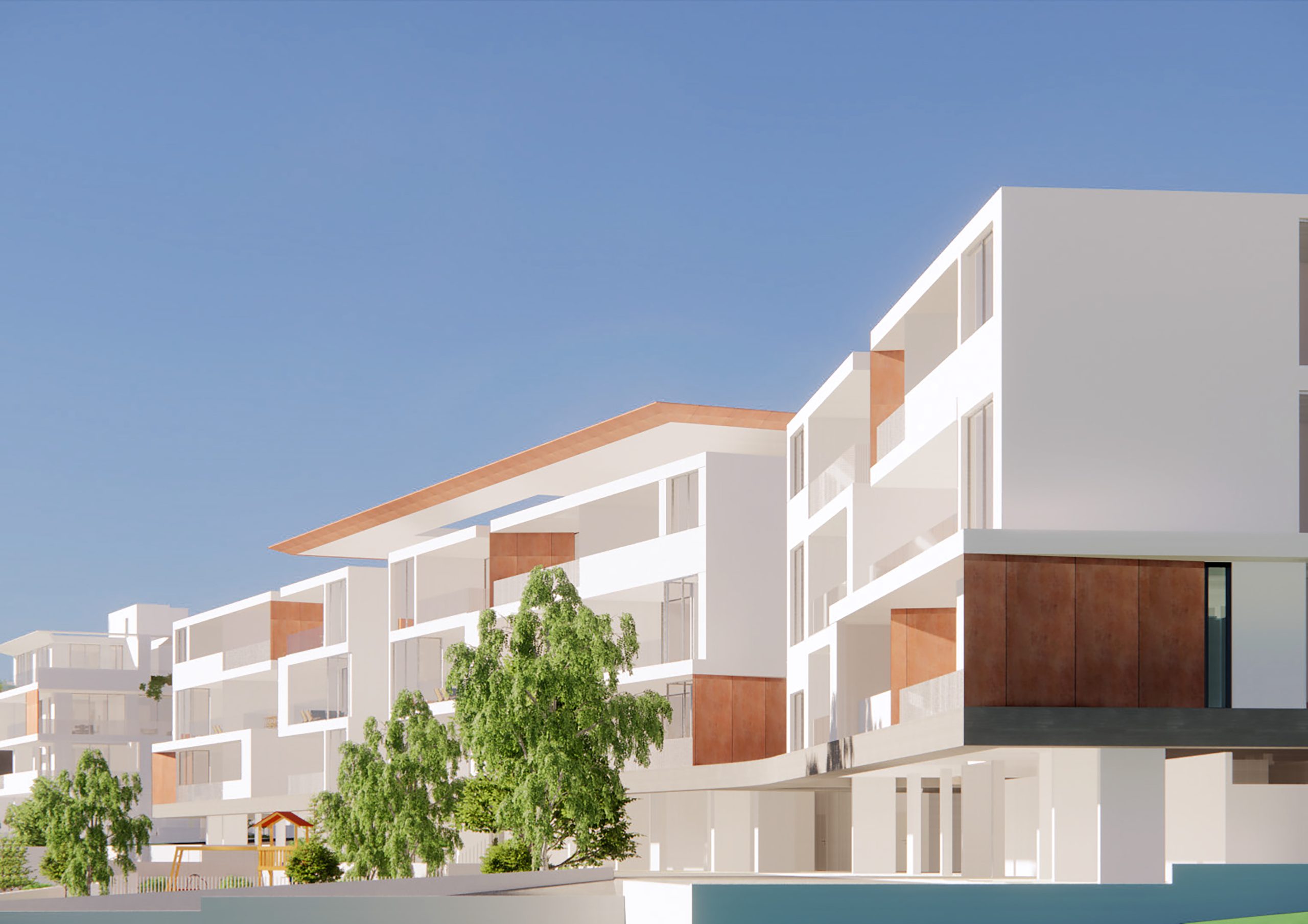הדמיה של בניין מגורים מודרני בפרויקט Seven Residences בלימסול, קפריסין – חזית לבנה עם פרטים בגוון עץ, מוקף בצמחייה ירוקה תחת שמיים כחולים.
