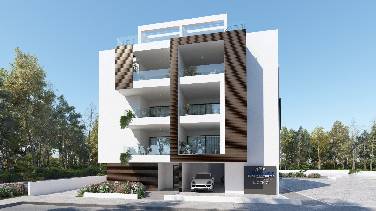 הדמיית חזית של פרויקט Serenity Residences בלרנקה – בניין מודרני עם מרפסות זכוכית ועיצוב נקי