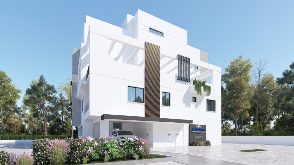 תמונה אחורית של בניין Serenity Residences בלרנקה – עיצוב מודרני עם קווים גיאומטריים וחניות פרטיות